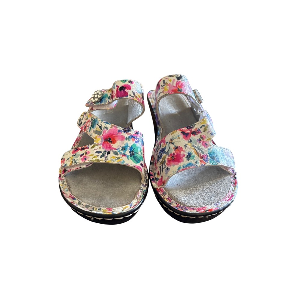 Alegria PG Lite Floral Leather Wedge Sandals Rhinestone Buckle Multi Color 38